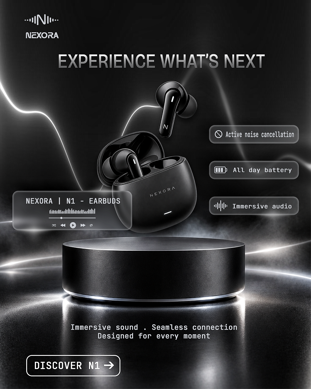Nexora — N1 Earbuds — Main campaign visual — N1 earbuds promotional poster